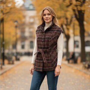 Cabi Plaid Belted Wool-Blend Vest in Burgundy and Brown Medium